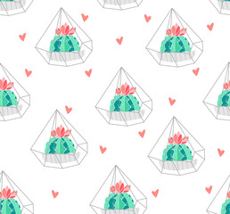 Seamless pattern with color cactus in terrarium and hearts on white background. Ornament for textile and wrapping. Vector.