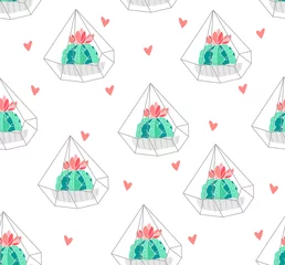 Wallpaper murals Terrarium plants Seamless pattern with color cactus in terrarium and hearts on white background. Ornament for textile and wrapping. Vector.