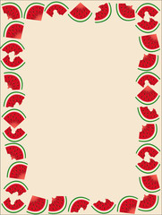 Rectangular summer, bright frame of pieces of watermelon, bitten and whole