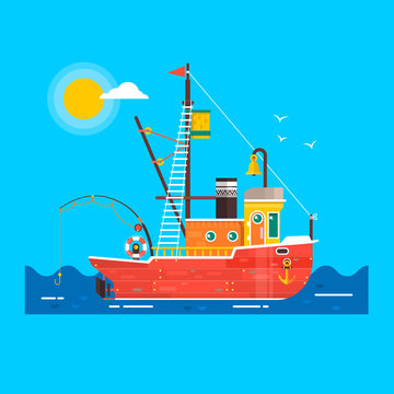 Cool flat design fishing boat seaway transportation .Fishing vessel decorative graphic design element. Vector illustration