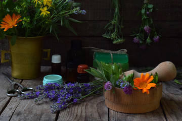 Composition of fresh herbs and flower used in natural alternative medicine or cosmetology for preparation of cosmetics, cream, soap, lipstick, bath salt, oil. Sage, lavender, calendula, clover, yarrow