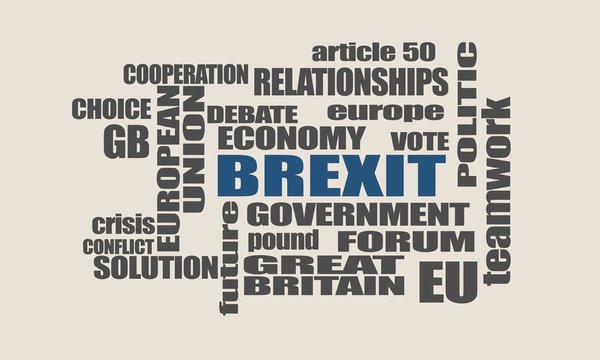 United Kingdom exit from Europe relative words cloud. Brexit named politic process.