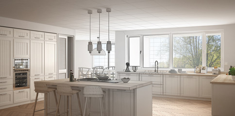 Unfinished project of modern scandinavia kitchen with big panoramic window, sketch abstract interior design