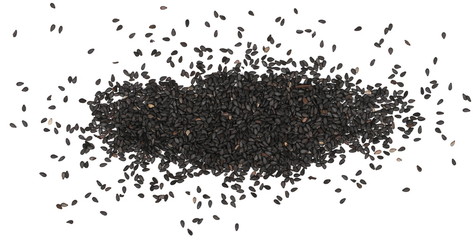 Black organic sesame seeds isolated on white background, top view