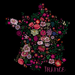 Map of france. Traditional folk stylish stylish floral embroidery on the black background. Sketch for printing on clothing, fabric, accessories and design. Windbreak trend