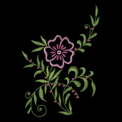 Traditional folk stylish stylish floral embroidery on the black background. Sketch for printing on clothing, fabric, masks, accessories and design. Trend vector