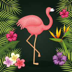 Flamingo with tropical flowers and leaves over green background vector illustration