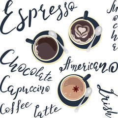 Names of drinks and cups of Coffee top view. Template of banner and poster. Vector illustration eps 10