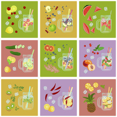 Vector illustration of Detox water with Fruits, vegetables or berries. Isolated for diet menu, cafe and restaurant menu. Fresh smoothies, fruit cocktail for healthy life. 