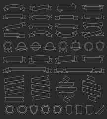 Ribbons and Awards - Flat Vintage Outline Set on Black Background