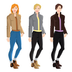 Obraz premium Vector illustration of blonde and brunette girls in bomber jacket, jeans and ankle boot with side elastic gussets on white background