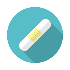 Band aid circle icon with long shadow. Flat design style. Medical patch simple silhouette. Modern, minimalist, round icon in stylish colors. Web site page and mobile app design vector element.