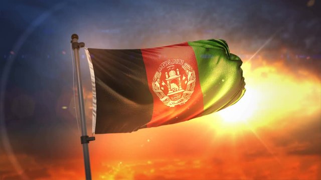 Afghanistan Flag Backlit At Beautiful Sunrise Loop Slow Motion 4K