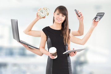 Multitask business woman with many hands.