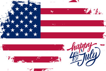 Happy 4th of July USA Independence Day greeting card with brush stroke background in american national flag colors and hand lettering text design. Vector illustration.