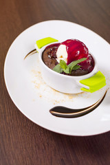 Beautiful dessert at the restaurant. Petit gateau dessert. Hot chocolate pudding with vanilla ice cream ball.