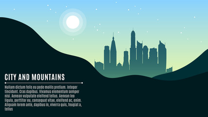 Landscape on the city. Hilly mountains and a big morning city. Bright sun and stars on a turquoise sky. A place for your projects. Vector illustration in a flat style