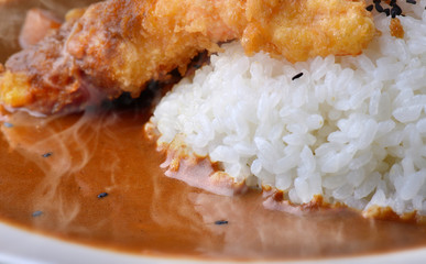 Rice with deep fried shrimp and curry.