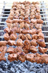 Barbecue grilled pork kebabs meat lamb kebab marinated caucasus barbecue meat shashlik shish kebab outdoors picnic