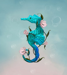 Surreal seahorse with pink roses © EllerslieArt