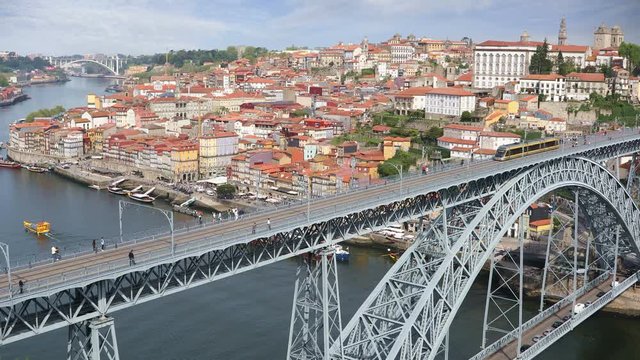 Video shot of central part of the Porto city with Douro river and Dom Luis I bridge, Portugal
