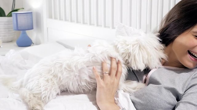Dog licking woman in bed in face funny closeup