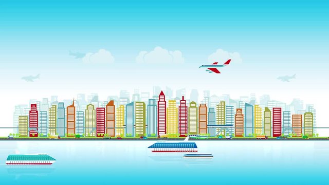 Colorful city skyline with traffic of various vehicles train airplane car ship in flat style, cityscape, seamless loop