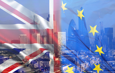 UK flag, EU flag and financial buildings