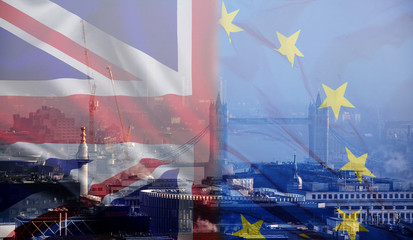 UK flag, EU flag and Tower Bridge