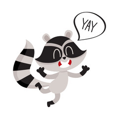 Fototapeta na wymiar Cute raccoon character jumping from happiness with word Yay in speech bubble, cartoon vector illustration isolated on white background.