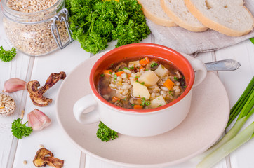 Vegan soup with pearl barley, vegetables and mushrooms