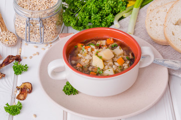 Vegan soup with pearl barley, vegetables and mushrooms