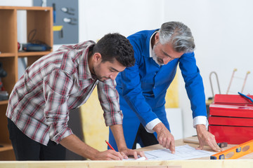 workers spirit level and pencil