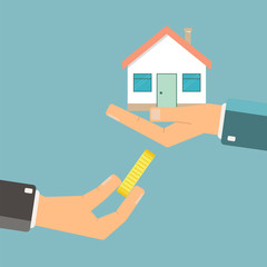 Fototapeta na wymiar Hand with money and hand with house. Sale, lease, rent or real estate concept. Vector flat illustration