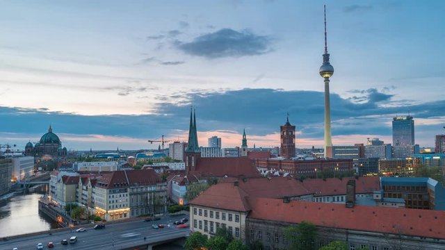 Berlin city skyline day to night timelapse with Berlin TV Tower and Spree River, Berlin, Germany, 4K Time lapse