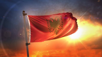 Albania Flag Backlit At Beautiful Sunrise Loop Slow Motion 4K