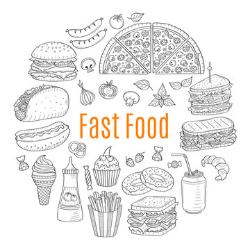 Vector sketch illustration of fast food circular shaped