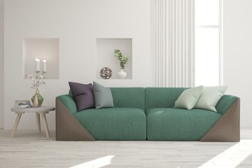 White modern room with sofa. Scandinavian interior design. 3D illustration