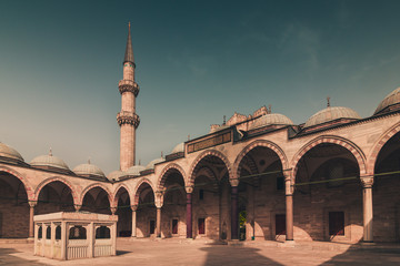 Fototapeta na wymiar View of the majestic Suleiman Mosque (Suleymaniye Camii) patio.Istanbul. Turkey. Retro style filtered photo.