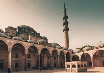 Fototapeta na wymiar View of the majestic Suleiman Mosque (Suleymaniye Camii) patio.Istanbul. Turkey. Retro style filtered photo.