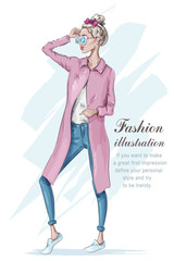 Beautiful stylish girl wearing jeans and cardigan. Hand drawn girl with sunglasses. Fashion woman. Sketch. Vector illustration.