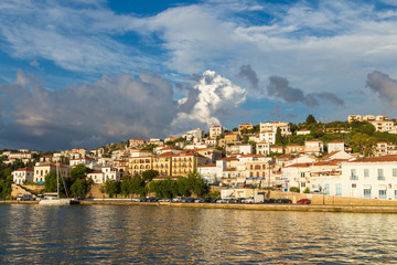 Fototapeta na wymiar Panoramic view to Pylos town captured at dusk. Pylos located in Messinia prefecture, Greece