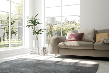 White room with sofa and green landscape in window. Scandinavian interior design. 3D illustration