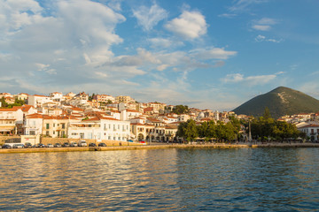 Panoramic view Pylos town, captured at dusk. Pylos located in Messinia prefecture, Greece