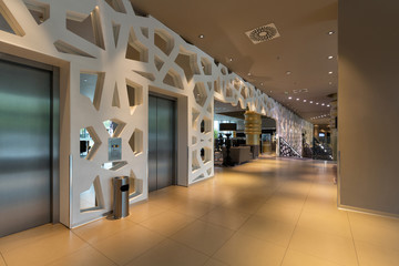 Hotel lobby with elevators