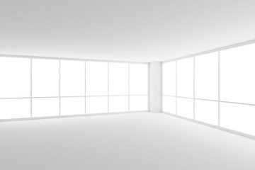 Empty white business office room with two large windows in corner