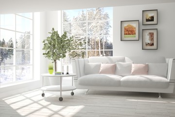 White room with sofa and winter landscape in window. Scandinavian interior design. 3D illustration