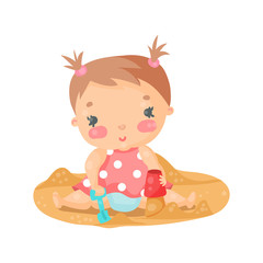 Cute cartoon baby girl playing with sand colorful character vector Illustration