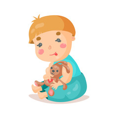 Cute cartoon baby sitting and plying with his bunny toy colorful character vector Illustration