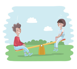 Seesaw in the Park. Two kids: boy and girl